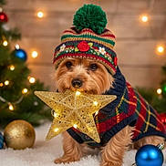 Lala is registered to the contest to win money with this photo: bauble, bokeh, christmas, christmas_tree, cozy, cute, dog, fairy_lights, festive, holiday, indoor, knit_hat, ornament, pet, pompom, portrait, puppy, sitting, star, sweater