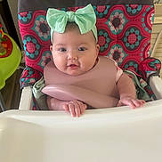 Rayne is registered to the contest to win money with this photo: baby, infant, high_chair, bow, headband, pink_bib, colorful_pattern, hands, face, mouth_open, eyes, indoor, child, cute, adorable, seat, feeding, person, young_child, food_tray