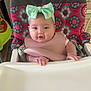 baby, infant, high_chair, bow, headband, pink_bib, colorful_pattern, hands, face, mouth_open, eyes, indoor, child, cute, adorable, seat, feeding, person, young_child, food_tray