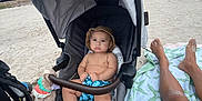 Lukai joined the competition — help win amazing prizes! baby, stroller, beach, sand, hat, towel, legs, person, child, running, car, fence, bird, seagull, sky, clouds, sun, outdoor, summer, relaxation