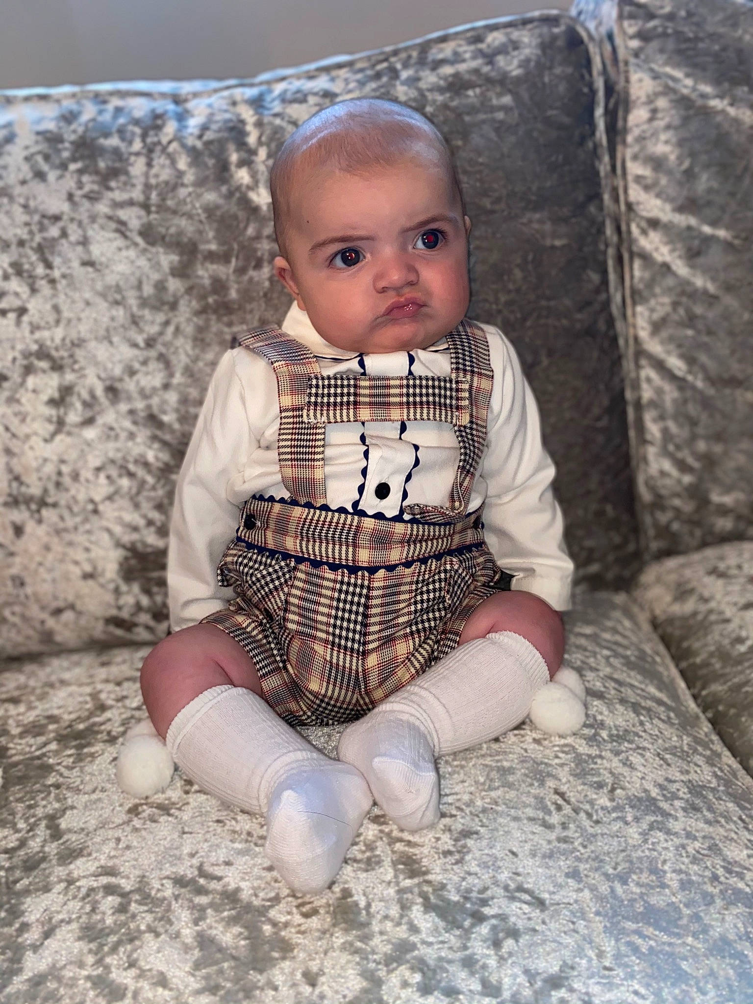 Bo is registered to the contest to win money with this photo: baby, baby_toddler_clothing, chair, child, day_dress, dress, face, fashion_design, flash_photography, grass, human_body, iris, lip, pattern, person, sitting, sleeve, textile, toddler, vintage_clothing