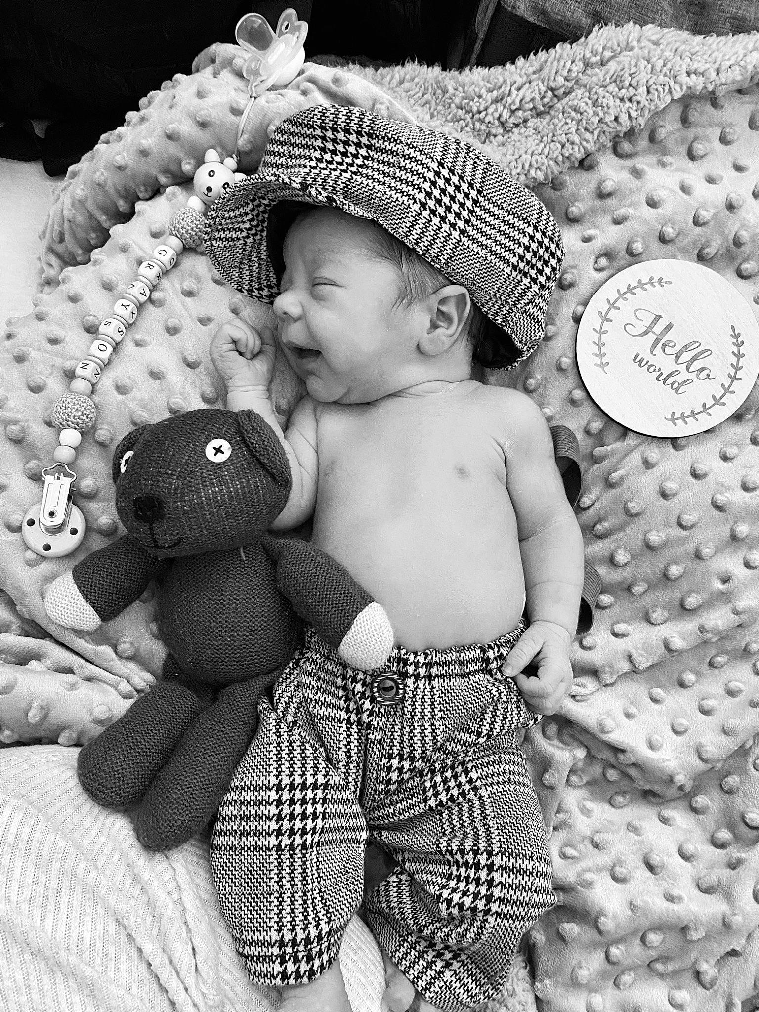 Grayson joined the competition — help win amazing prizes! arm, baby, baby_toddler_clothing, black, black_and_white, comfort, finger, hand, happy, monochrome, monochrome_photography, pattern, people, person, photograph, skin, style, textile, toddler, toy