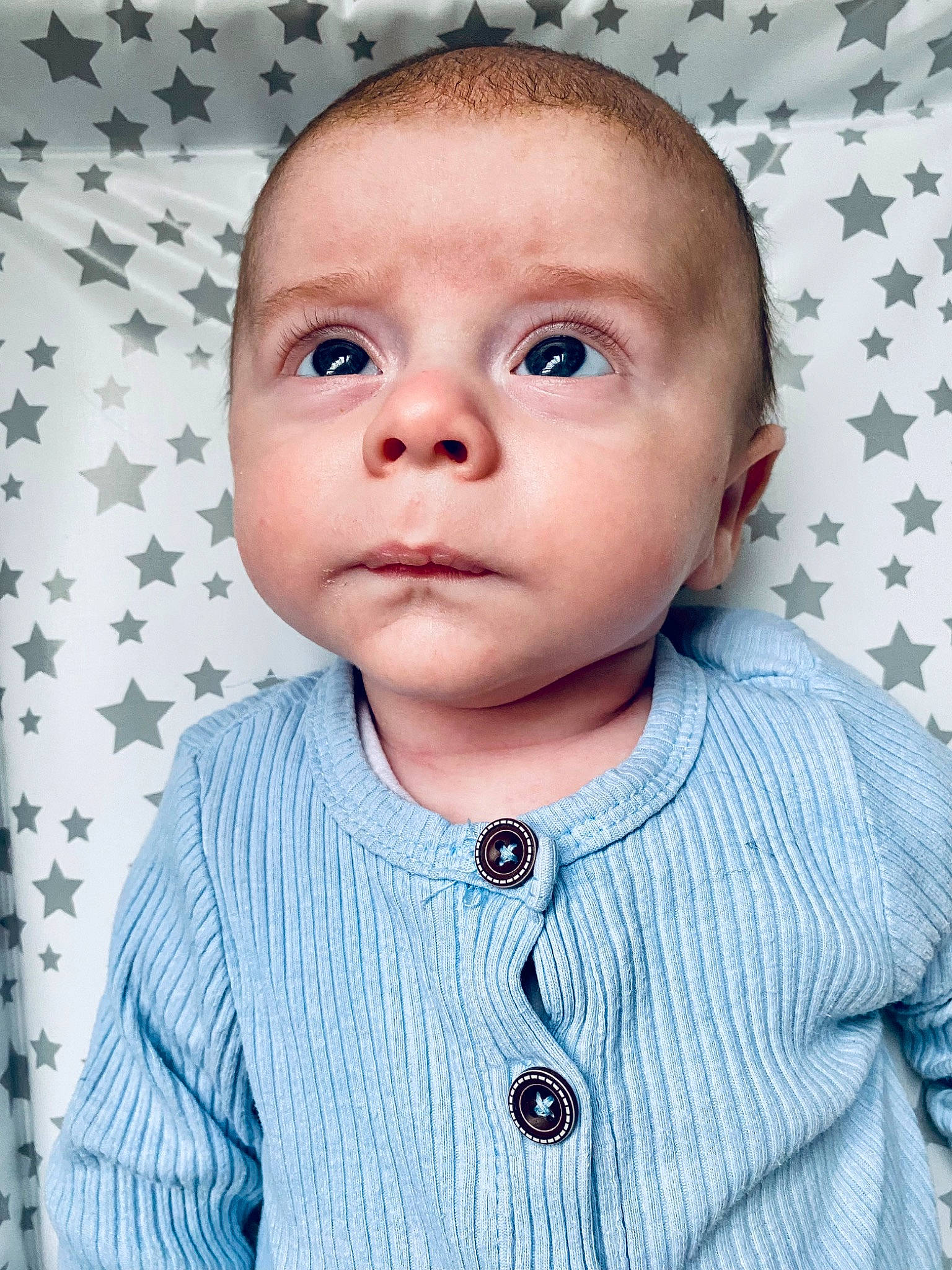 Grayson is registered to the contest to win money with this photo: azure, baby, baby_toddler_clothing, cheek, child, collar, dress_shirt, electric_blue, eyelash, happy, iris, linens, no_expression, nose, pattern, person, portrait_photography, skin, sleeve, t_shirt