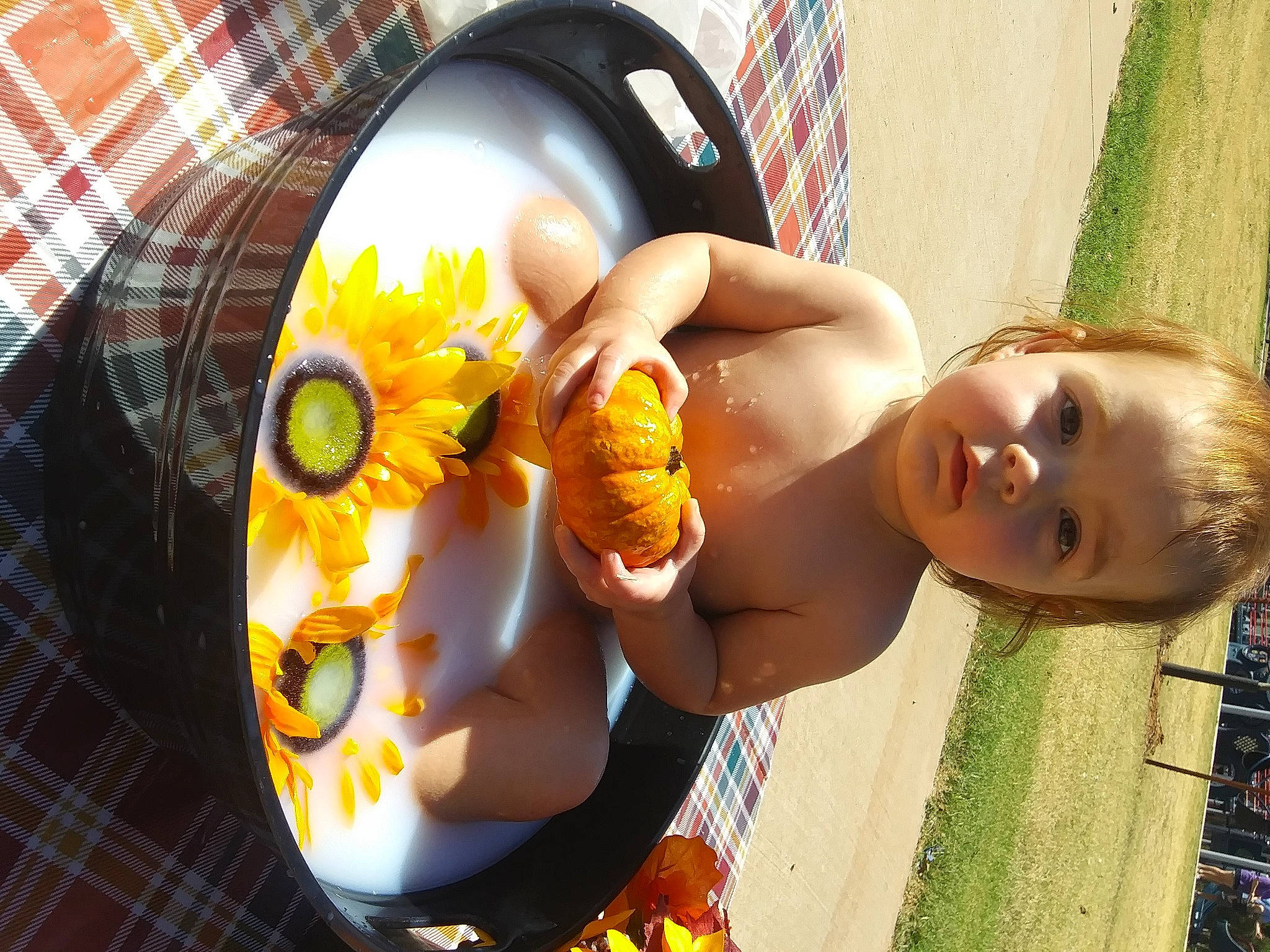 Barbara joined the competition — help win amazing prizes! baby, chest, dress, finger, grass, hand, happy, mouth, nail, orange, people_in_nature, person, plant, skin, smile, sunglasses, tableware, tartan, thumb, toddler