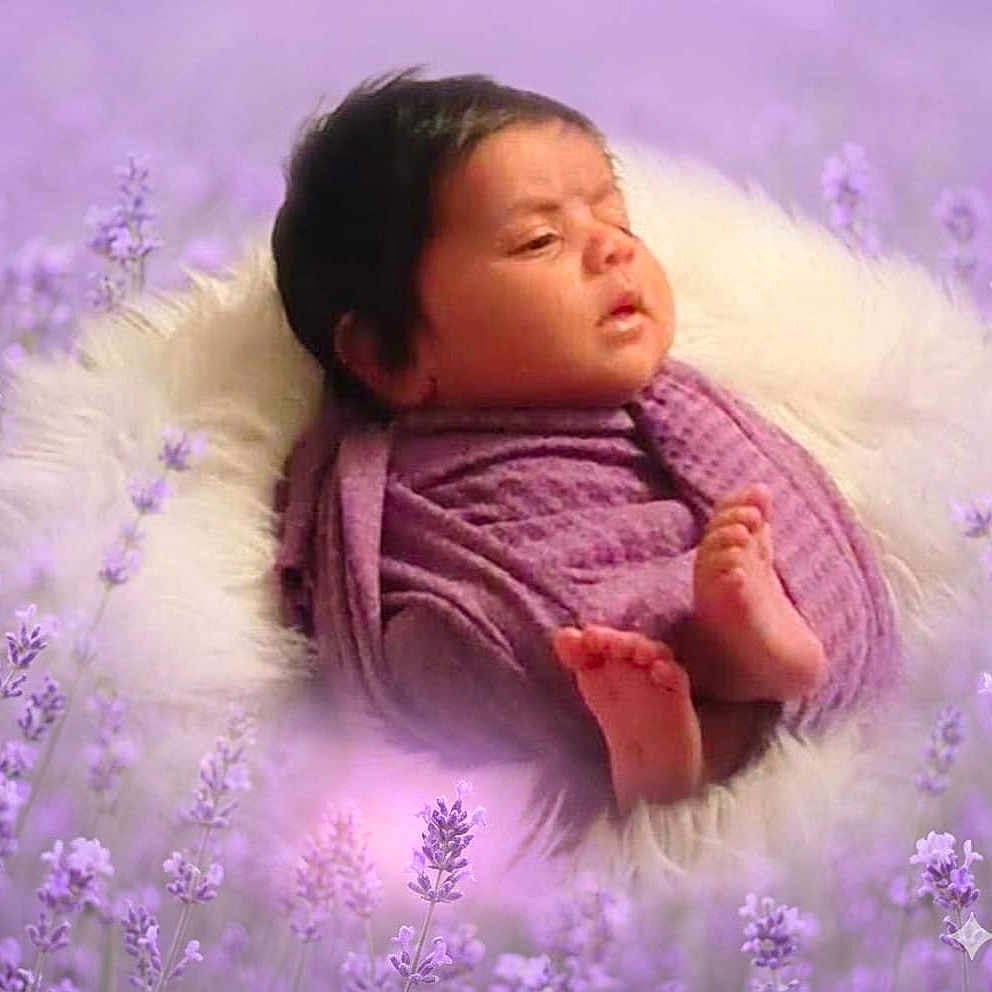 Sitara is registered to the contest to win money with this photo: baby, infant, purple_blanket, fluffy_cushion, lavender_field, flowers, nature, soft_focus, portrait, peaceful, resting, cute, newborn, skin, feet, head, outdoor, calm, closeup, sleepy