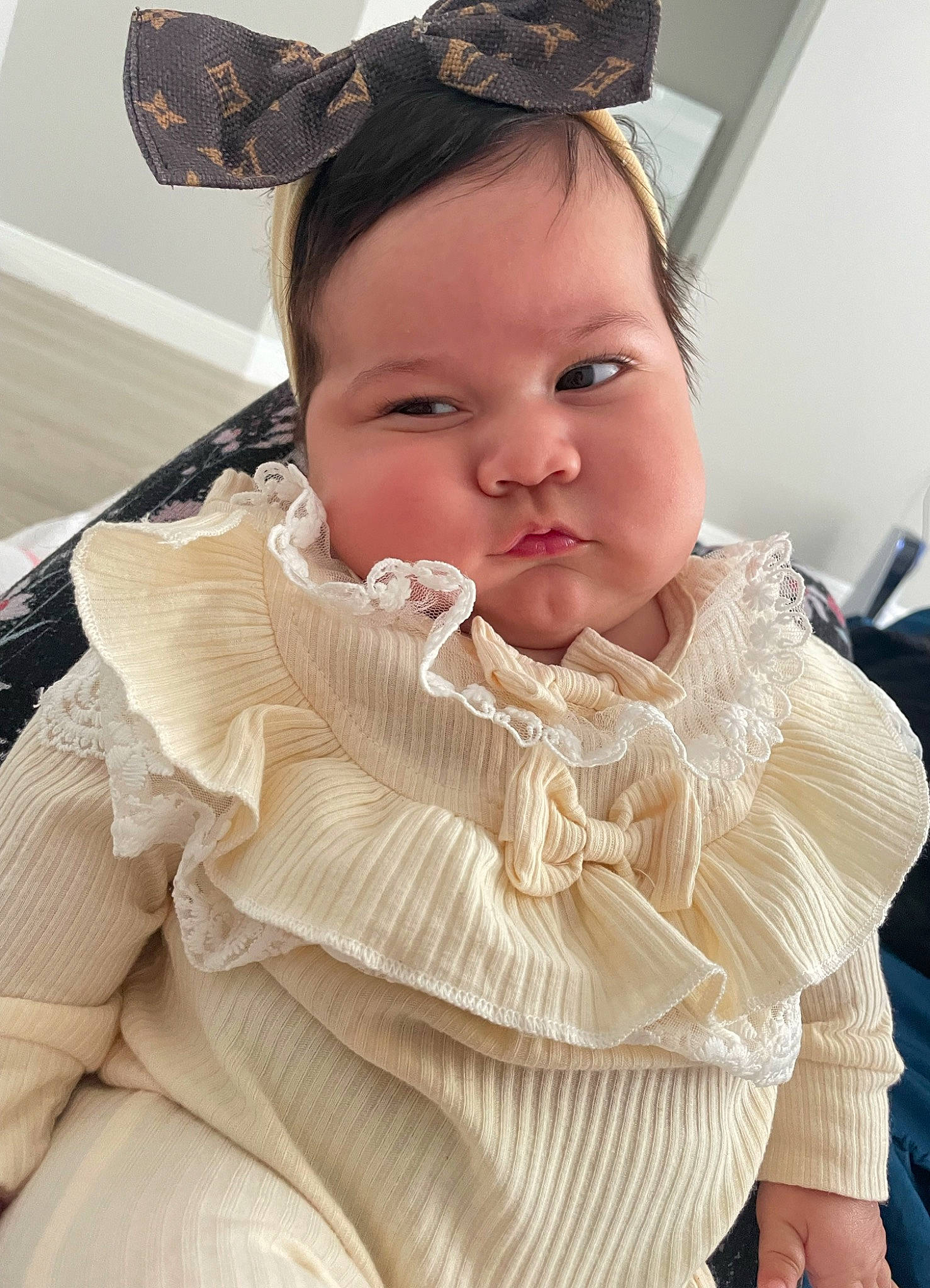Avery joined the competition — help win amazing prizes! baby, baby_toddler_clothing, cheek, child, comfort, ear, eye, eyebrow, eyelash, fashion_accessory, fur, gesture, happy, headband, headpiece, lip, neck, person, skin, sleeve