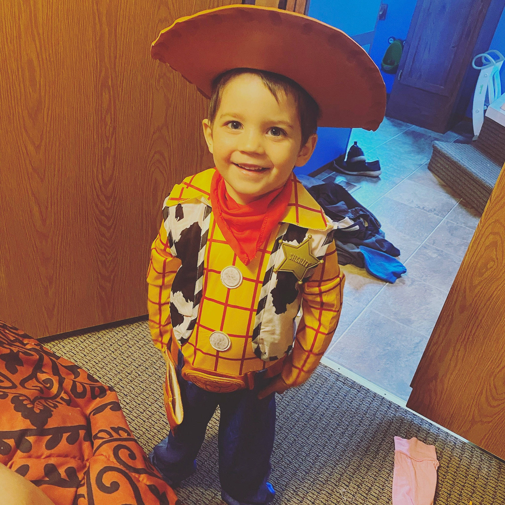 Layton joined the competition — help win amazing prizes! costume, costume_hat, cowboy_hat, face, fashion_accessory, fictional_character, flooring, formal_wear, fur, happy, hat, joy, orange, pattern, person, room, selfie, sitting, sleeve, smile