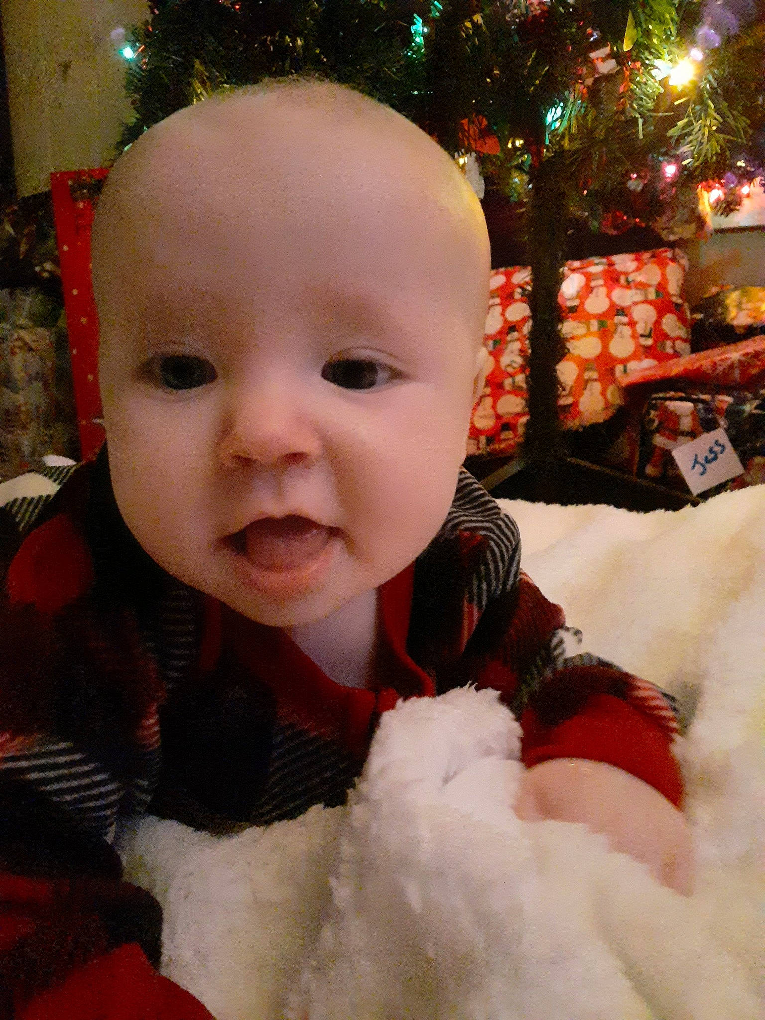 Brantley is registered to the contest to win money with this photo: baby, cheek, child, christmas, eye, face, facial_expression, head, holiday, iris, lip, mouth, nose, person, skin, smile, toddler
