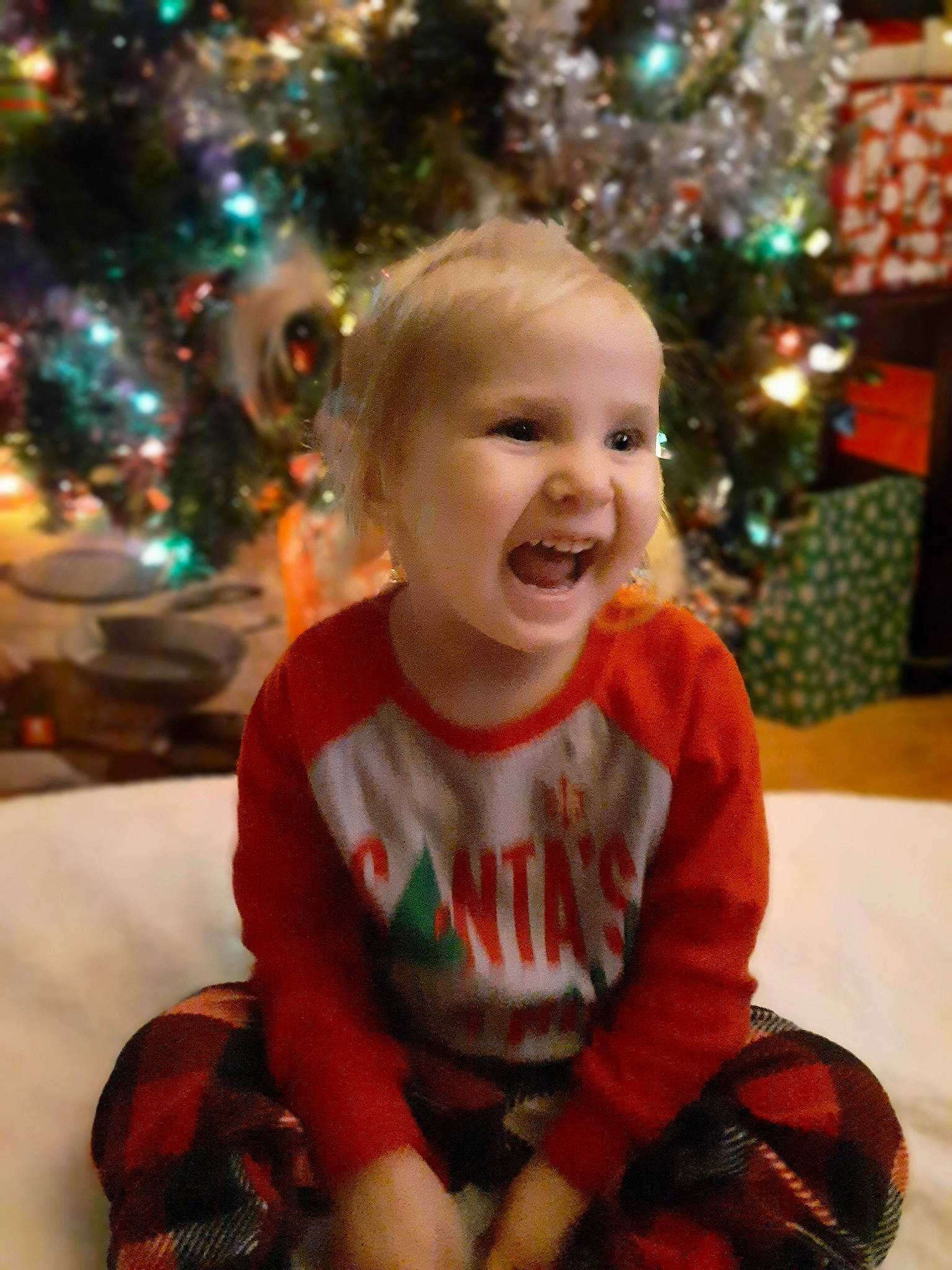 Brealynn is registered to the contest to win money with this photo: child, christmas, christmas_decoration, christmas_eve, christmas_ornament, christmas_tree, event, facial_expression, fun, happy, holiday, interior_design, laugh, person, sitting, smile, toddler