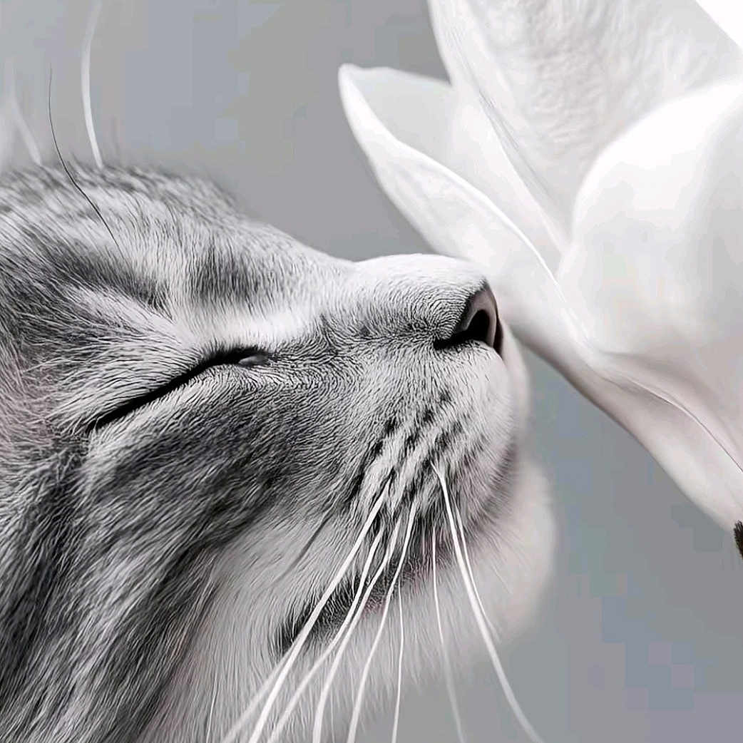 Grisou participe au concours pour gagner de l'argent avec cette photo : animal, black_and_white, calm, cat, close_up, cute, feline, flower, gentle, macro, nature, peaceful, petal, portrait, profile, serene, sniffing, soft_light, texture, whiskers