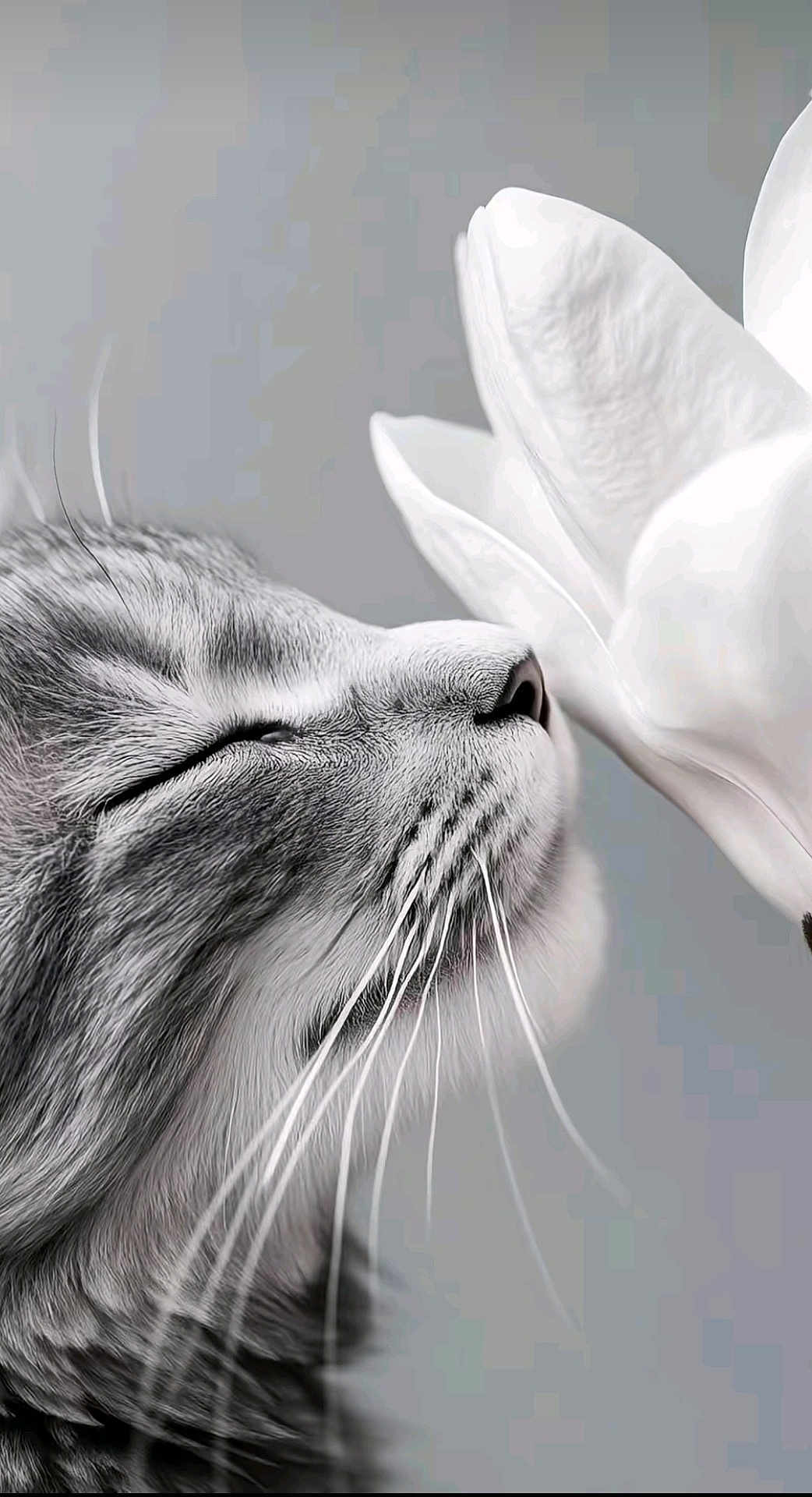 Grisou participe au concours pour gagner de l'argent avec cette photo : cat, flower, close_up, black_and_white, whiskers, petal, serene, soft_light, animal, nature, feline, profile, peaceful, texture, macro, gentle, sniffing, cute, calm, portrait