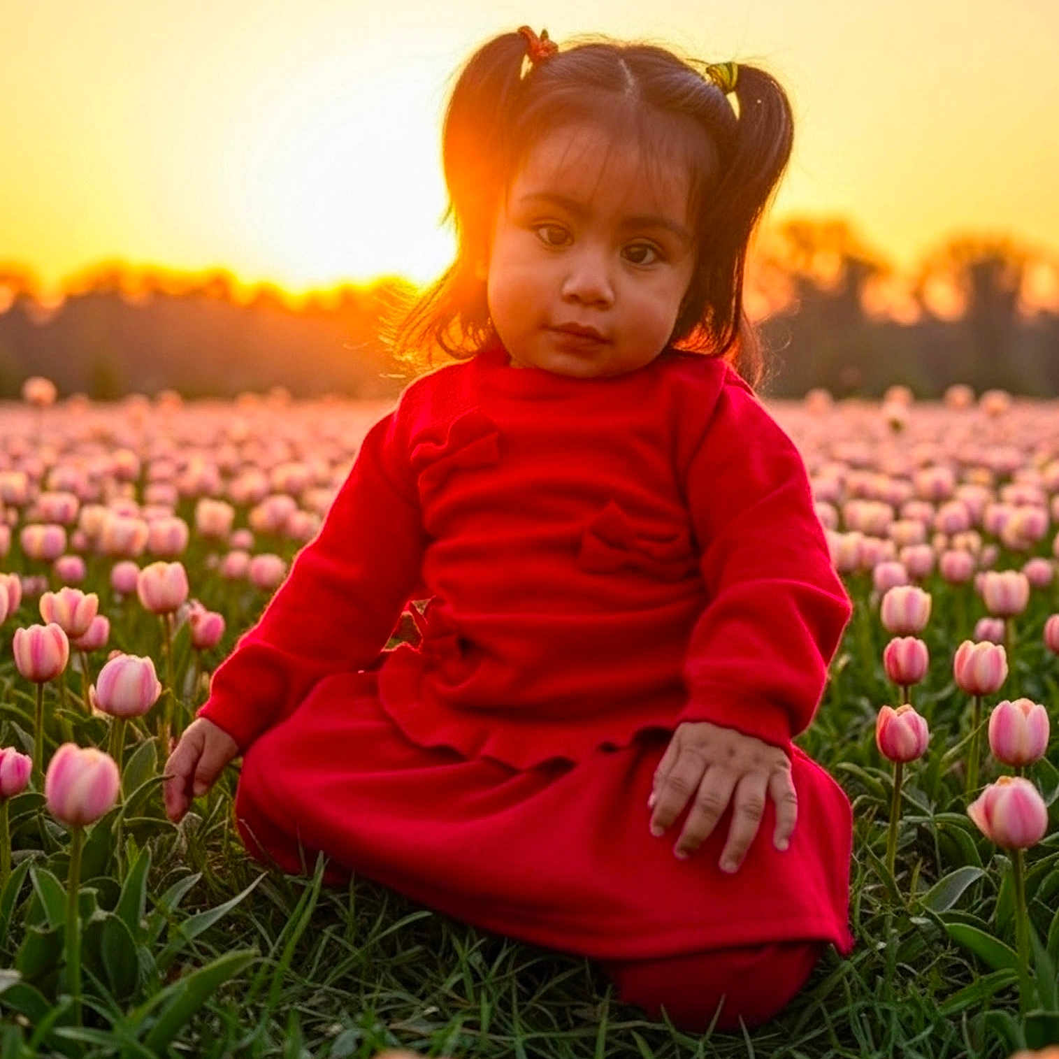 Natalia L. Sampayo joined the competition — help win amazing prizes! child, cute, falling_sun, flower_bed, flowers, girl, grass, greenery, nature, outdoor, peaceful, pigtails, portrait, red_clothing, scenic, sunlight, sunset, toddler, tulip_field, young_child