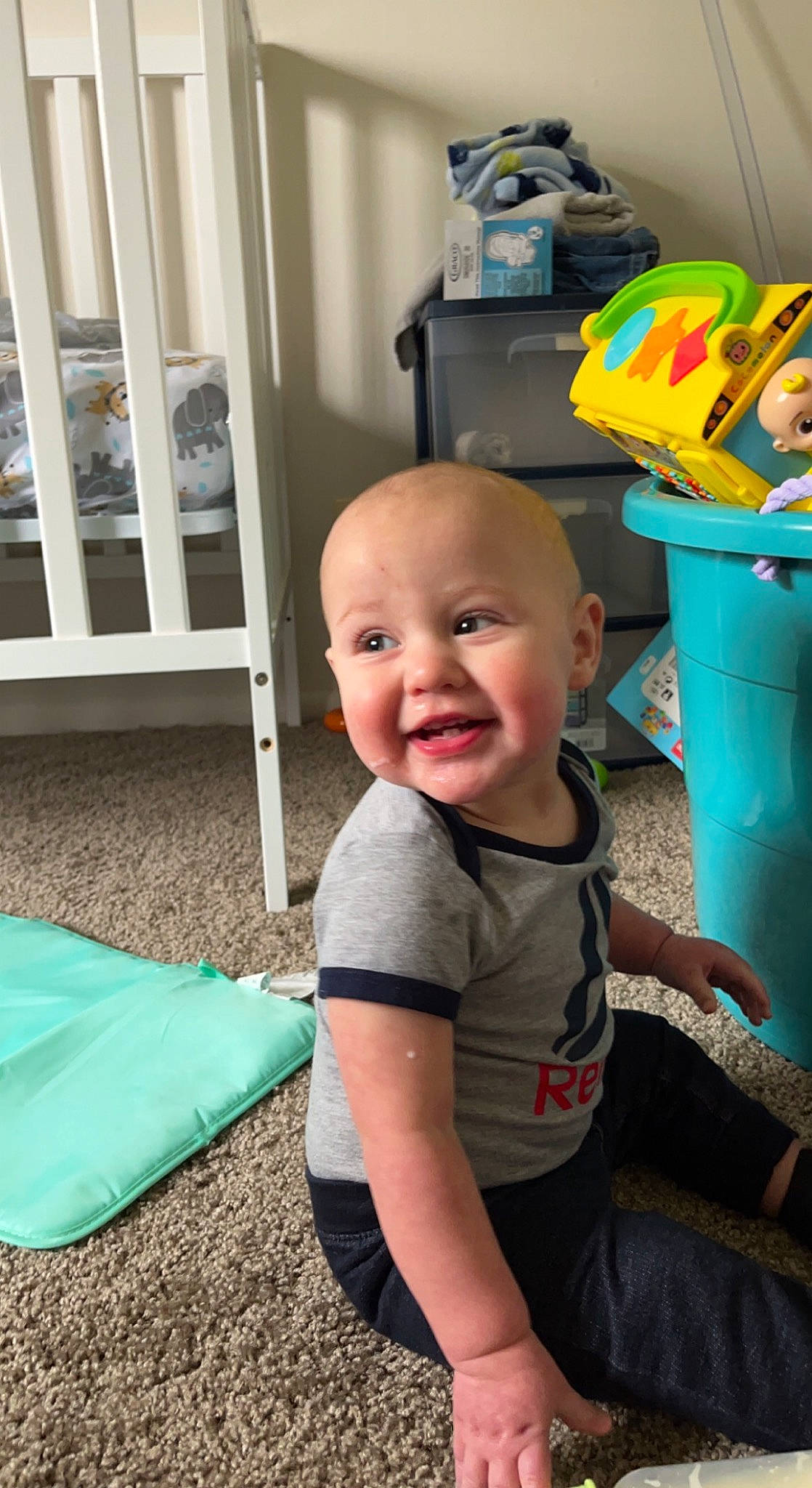 Oakley joined the competition — help win amazing prizes! baby, baby_products, baby_toddler_clothing, bag, box, child, comfort, door, flooring, fun, green, luggage_and_bags, person, play, product, room, sitting, smile, t_shirt, toddler