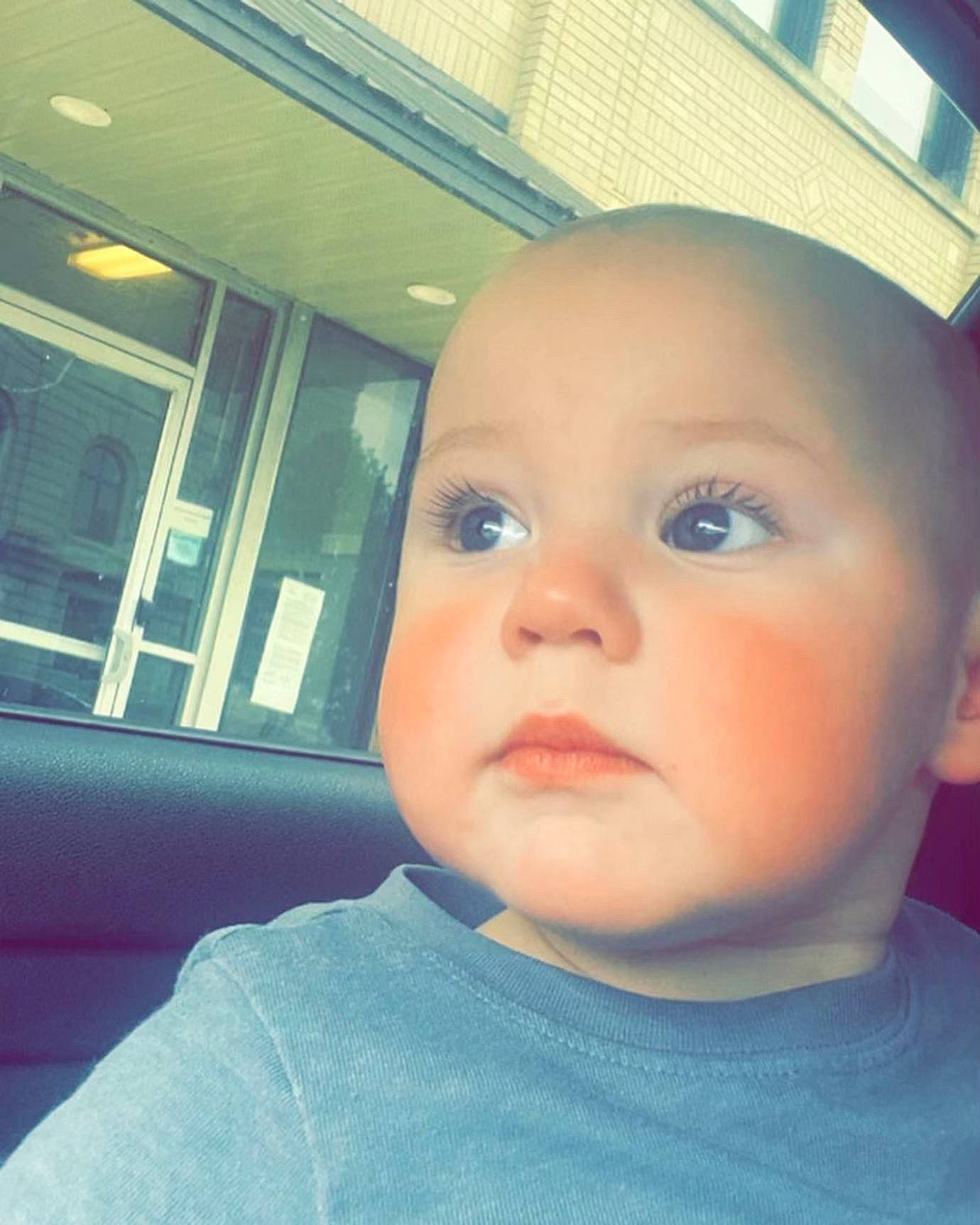 Oakley is registered to the contest to win money with this photo: baby, baby_toddler_clothing, cheek, ear, electric_blue, eyebrow, eyelash, forehead, fun, happy, iris, jaw, lip, nose, person, selfie, sky, sleeve, t_shirt, toddler