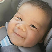 Ronan is registered to the contest to win money with this photo: baby, smile, car_seat, infant, child, seatbelt, striped_clothing, closeup, happy, face, head, skin, hair, indoor, person, comfort, transportation, safety, seat, photography