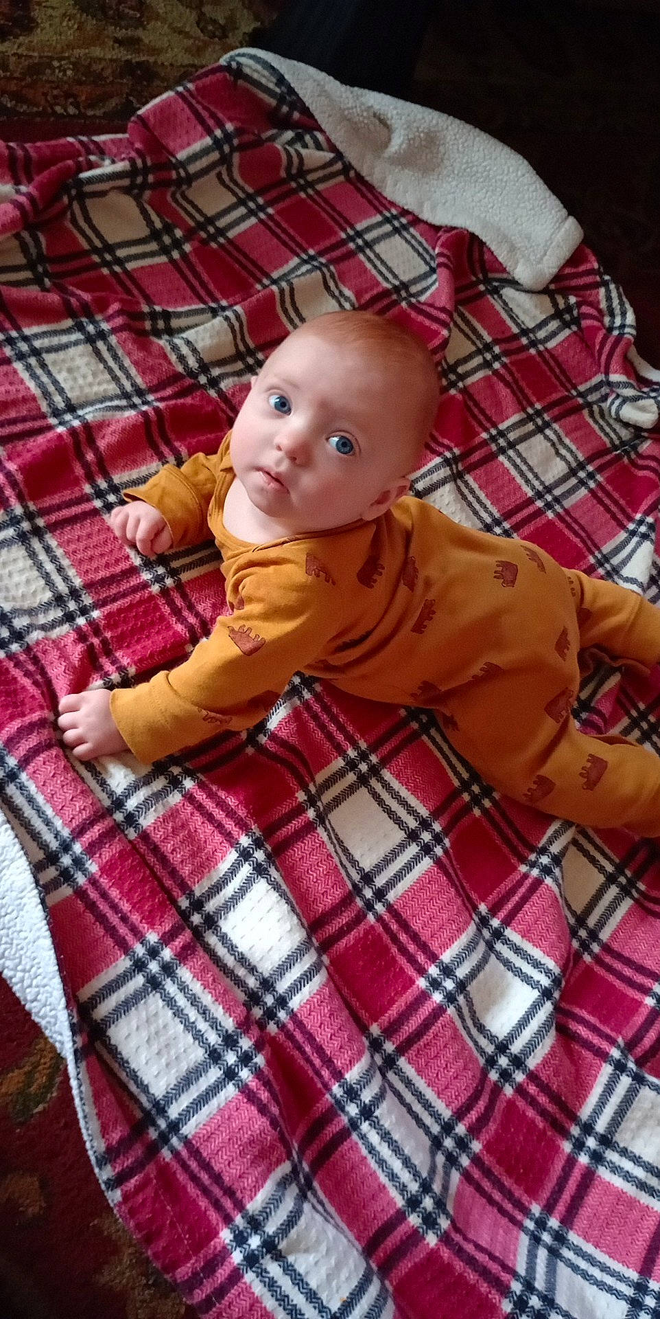 Elijah joined the competition — help win amazing prizes! baby, baby_products, baby_toddler_clothing, cheek, child, comfort, doll, flooring, head, linens, pattern, person, plaid, sitting, sleeve, stuffed_toy, tartan, textile, toddler, toy