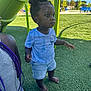 Aiden is registered to the contest to win money with this photo: barefoot, blue_sky, casual_clothing, child, curious, daytime, grass, green, outdoor, park, person, playground, purple_braids, shorts, slide, standing, sunny, toddler, tshirt, young_child