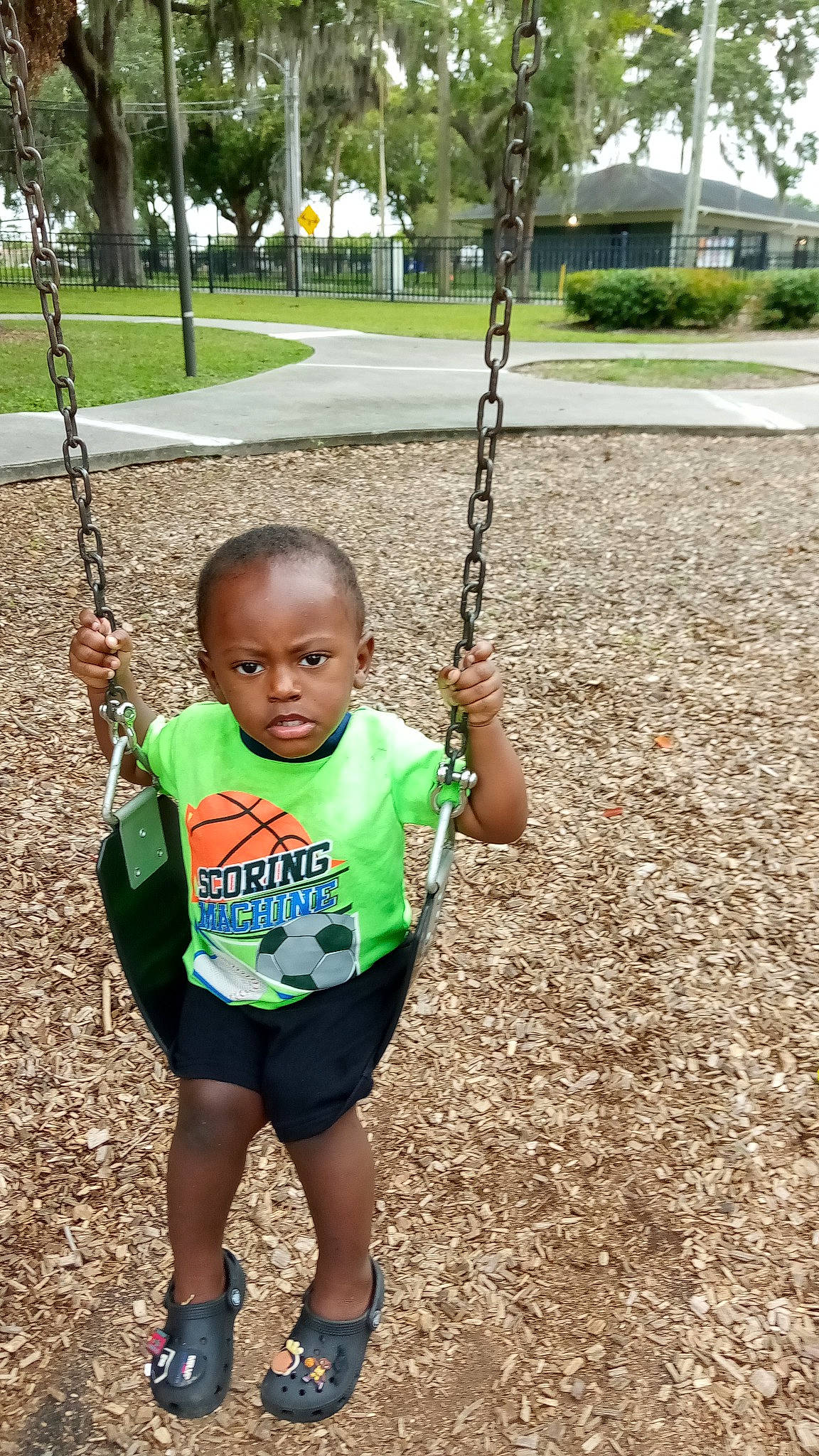 Quavii is registered to the contest to win money with this photo: child, city, fun, grass, green, happy, leisure, mammal, outdoor_play_equipment, person, plant, play, playground, recreation, shorts, soil, swing, t_shirt, toddler, tree