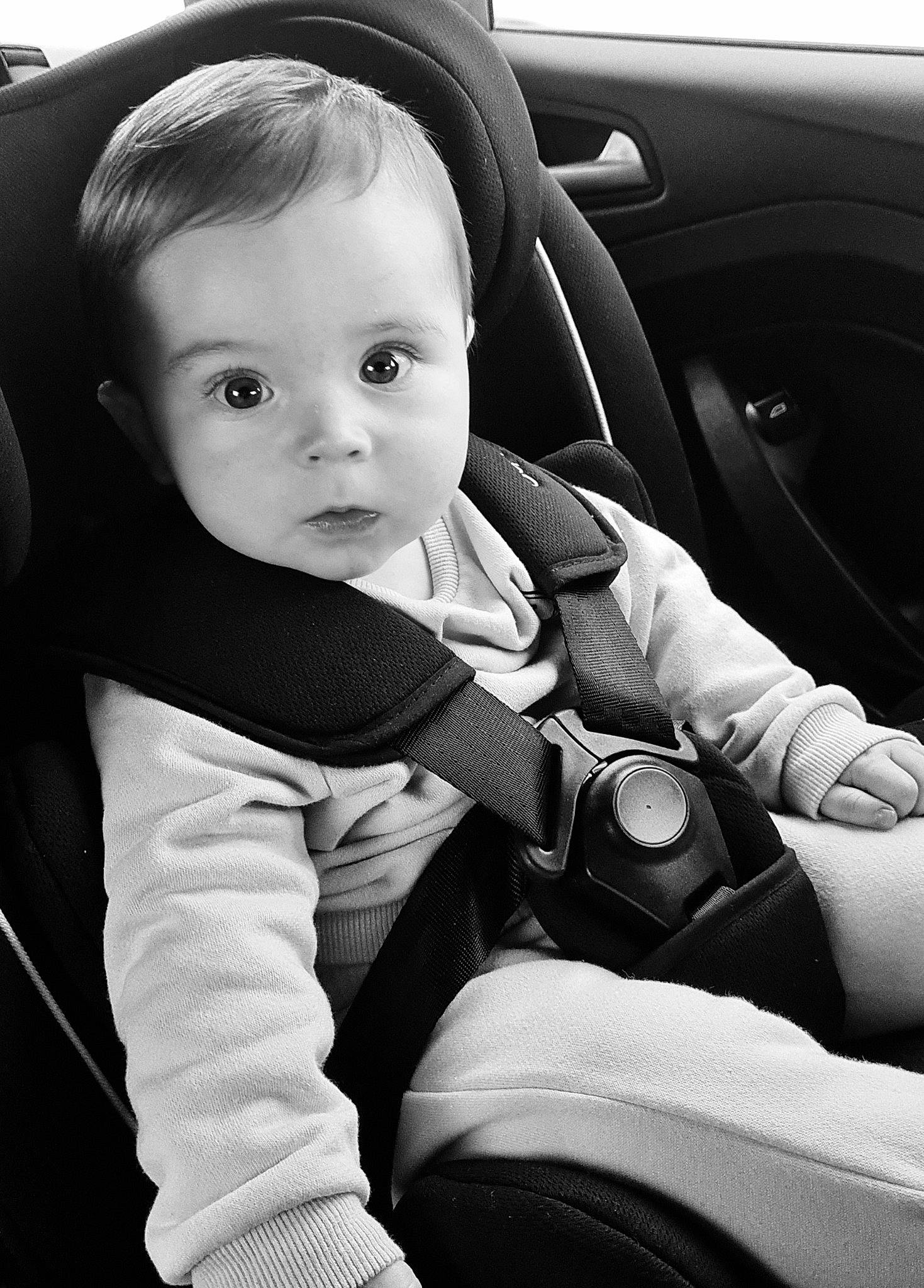 Charlie joined the competition — help win amazing prizes! auto_part, automotive_design, baby, baby_carriage, baby_in_car_seat, black, black_and_white, car_seat, child, comfort, eye, human_body, motor_vehicle, people, person, photograph, seat_belt, style, toddler, vehicle_door
