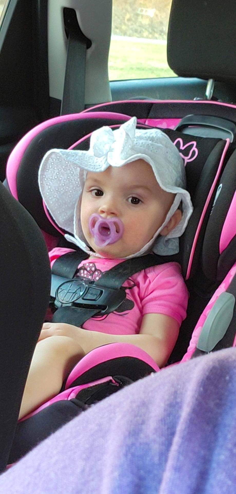 Addison joined the competition — help win amazing prizes! auto_part, baby, baby_carriage, baby_products, baby_toddler_clothing, car_seat, cheek, child, comfort, eyebrow, fun, happy, headwear, iris, lip, magenta, person, pink, purple, sitting