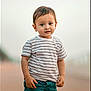 toddler, child, boy, striped_tshirt, jeans, outdoor, portrait, curious, standing, short_hair, casual_clothing, young_child, cute, innocent, daylight, fashion, person, smile, background_blur, skin