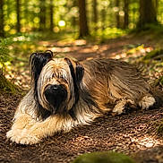 Vitis participe au concours pour gagner de l'argent avec cette photo : dog, forest, path, sunlight, shaggy_dog, nature, outdoor, animal, moss, tree, canine, relaxed, fur, woodland, shade, earth, leaves, pet, wildlife, scenery