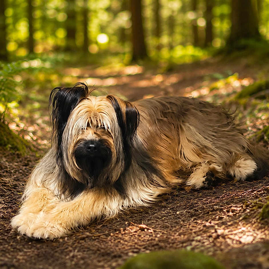 Vitis participe au concours pour gagner de l'argent avec cette photo : dog, forest, path, sunlight, shaggy_dog, nature, outdoor, animal, moss, tree, canine, relaxed, fur, woodland, shade, earth, leaves, pet, wildlife, scenery