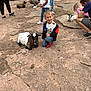 child, boy, goat, animal, petting_zoo, outdoor, people, casual_clothing, stone_ground, kneeling, smiling, interaction, family, nature, daytime, mammal, young, playful, cute, park