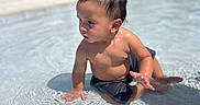 Josai is registered to the contest to win money with this photo: blue_chairs, child, curious, daytime, outdoor, palm_trees, pool, reflection, relaxation, ripples, shallow_water, sitting, sky, summer, sunlight, swimwear, toddler, vacation, water, wet_hair