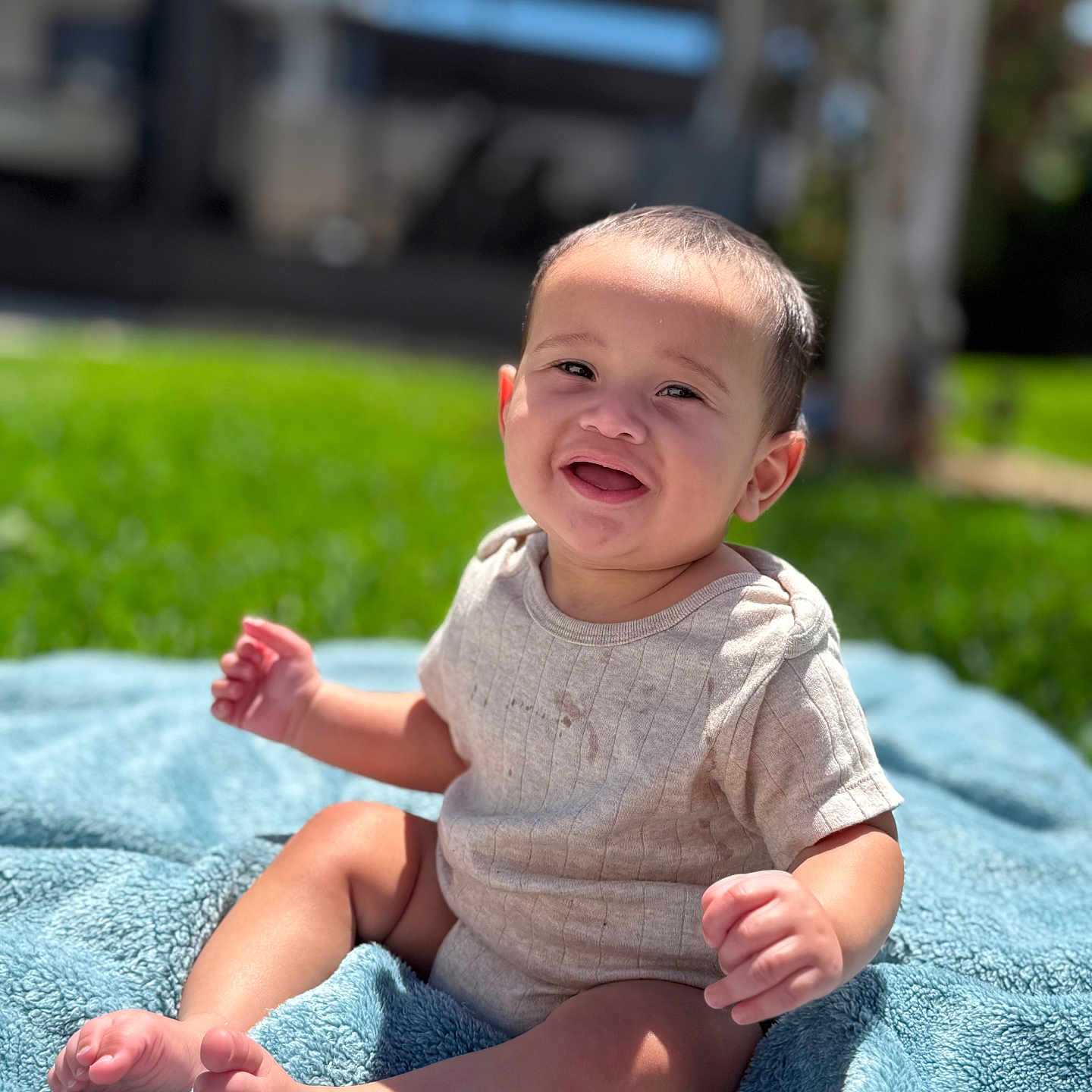 Josai is registered to the contest to win money with this photo: baby, child, smiling, happy, outdoor, grass, blanket, sunlight, portrait, infant, cute, sitting, young, nature, daylight, skin, clothing, barefoot, playful, face