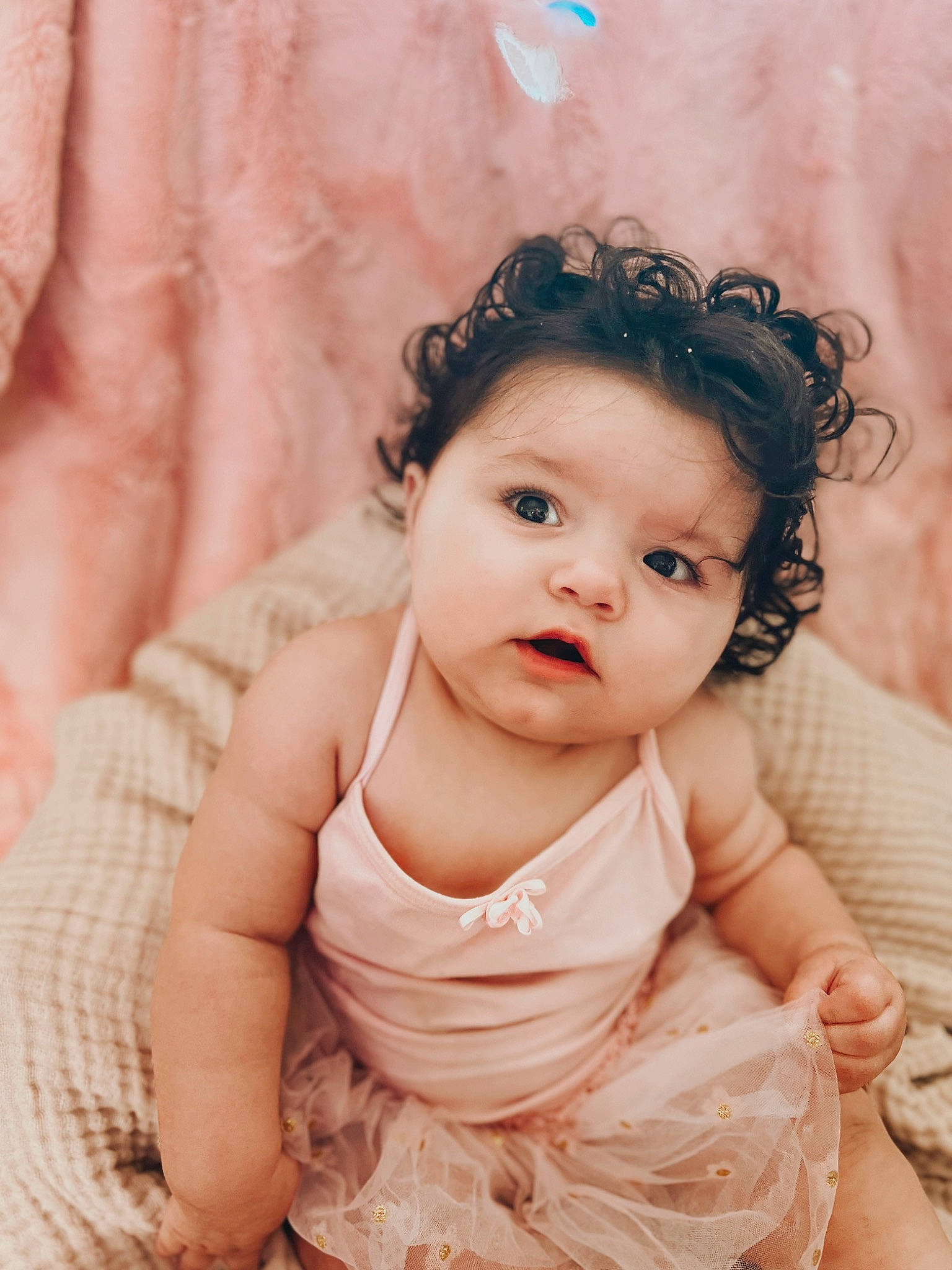 Heather joined the competition — help win amazing prizes! baby, baby_toddler_clothing, cheek, chin, dress, eye, eyebrow, eyelash, flash_photography, hairstyle, happy, headgear, headpiece, iris, jewellery, lip, person, pink, skin, sleeve