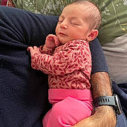 Atrine is registered to the contest to win money with this photo: baby, sleeping, infant, arm, watch, cushion, couch, clothing, hand, pink, red, patterned, sleep, newborn, person, rest, indoor, fabric, comfort, toddler
