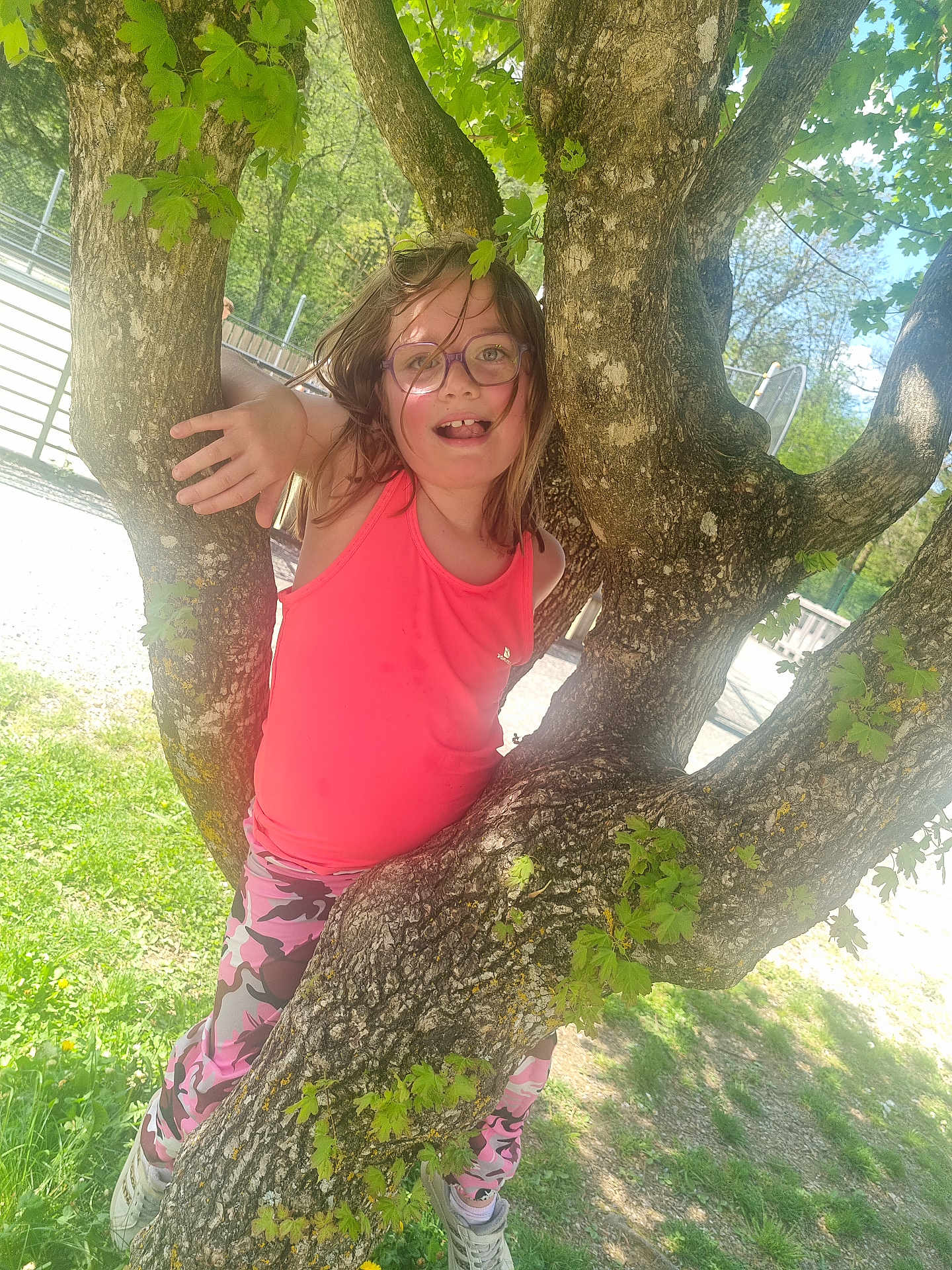 Morganne participe au concours pour gagner de l'argent avec cette photo : child, glasses, tree, pink_tank_top, camouflage_pants, outdoor, green_leaves, sunlight, playful, nature, grass, shoes, happy, person, summer, daylight, casual_clothing, young, fun, smiling