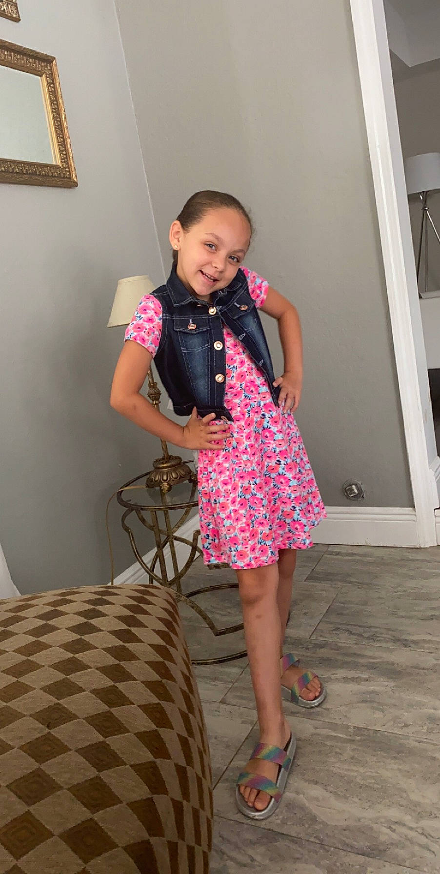 Eleina is registered to the contest to win money with this photo: day_dress, dress, fashion_design, floor, flooring, happy, human_leg, joint, joy, knee, leg, magenta, neck, one_piece_garment, person, picture_frame, pink, shoulder, smile, textile