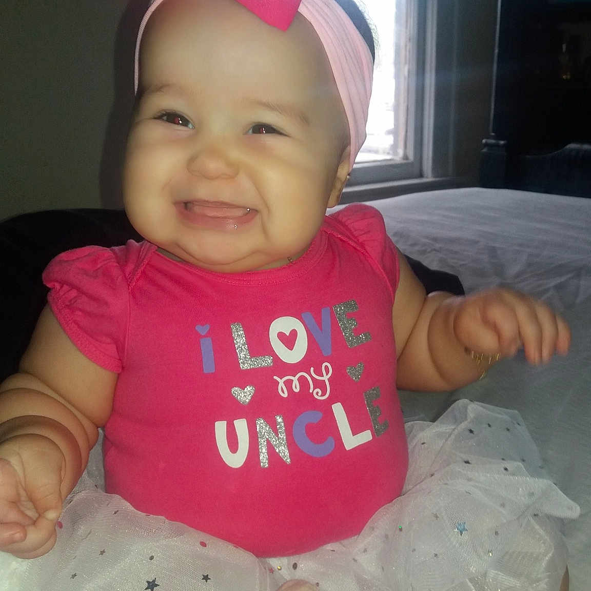 Anayiah Rose is registered to the contest to win money with this photo: baby, baby_toddler_clothing, cheek, child, hair_accessory, headgear, joy, person, pink, skin, smile, toddler