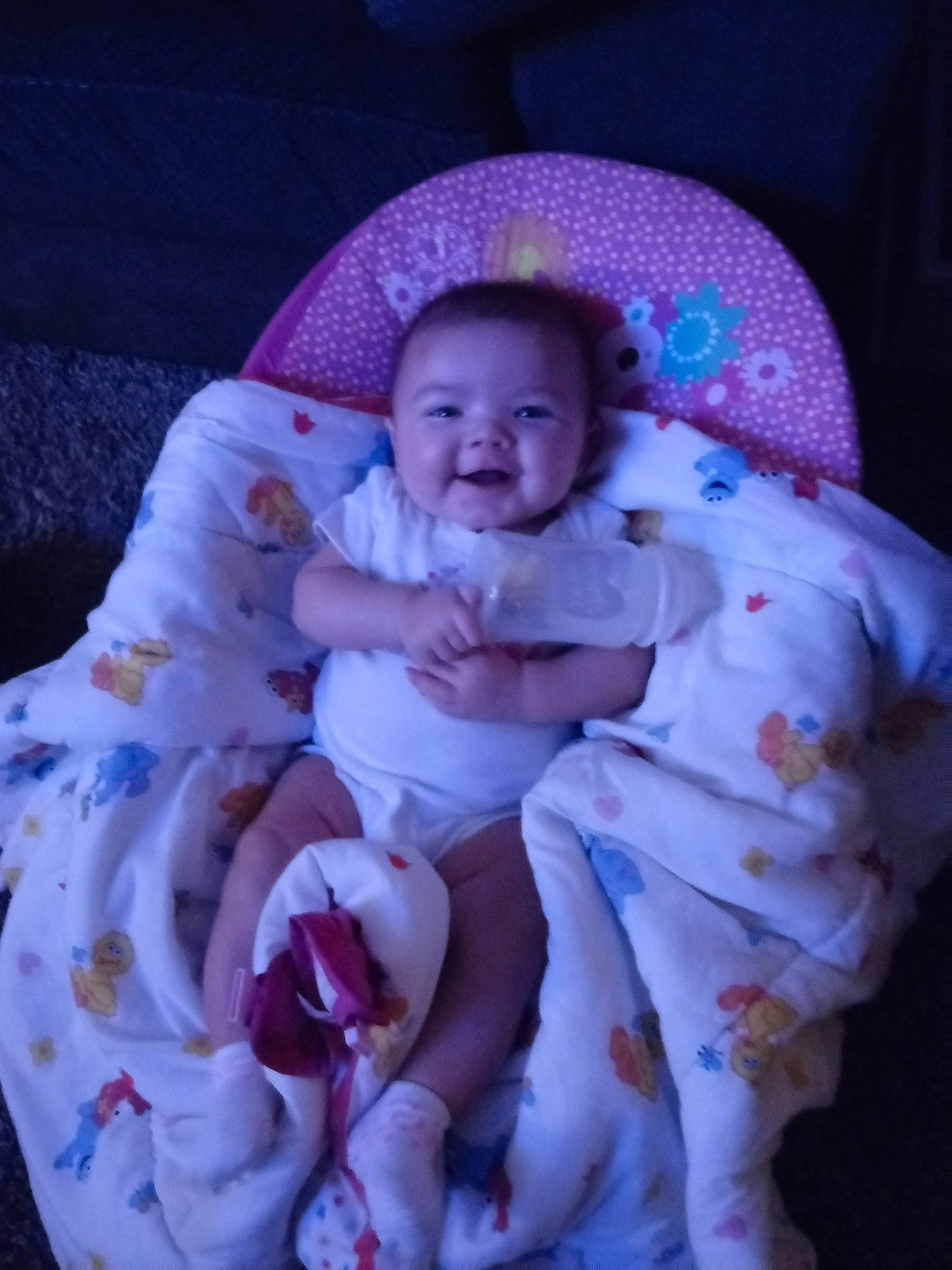 Savannah is registered to the contest to win money with this photo: baby, cheek, child, person, pink, purple, sitting, skin, sleep, smile, textile, toddler