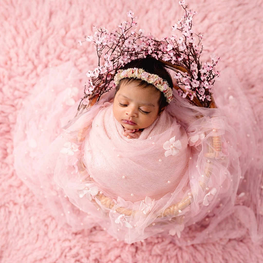 Aishvikareddy joined the competition — help win amazing prizes! artistic, baby, closeup, cute, decorative, delicate, fabric, flower_crown, fluffy, headband, infant, newborn, peaceful, pink, portrait, resting, sleeping, soft_texture, tulle, wrapped