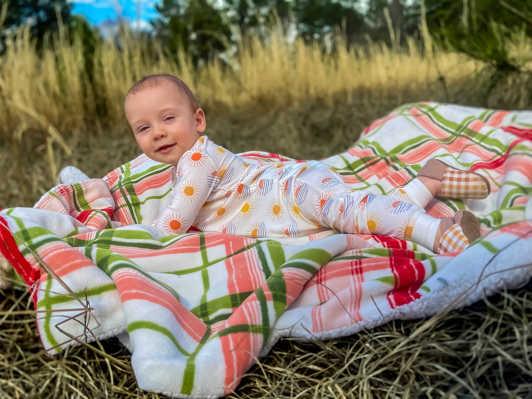 Lincoln joined the competition — help win amazing prizes! baby, baby_toddler_clothing, child, dress, grass, grass_family, grassland, happy, joy, landscape, lawn, leisure, meadow, pattern, people_in_nature, person, plant, prairie, sitting, toddler