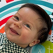 Knox joined the competition — help win amazing prizes! baby, child, smiling, tongue_out, face, eyes, hair, cheeks, clothing, patterned_shirt, play_mat, colorful, orange, blue, green, white, closeup, portrait, happy, infant