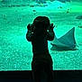 aquarium, blue, child, curious, dark, exhibit, exploring, fish, glass, green, hands, indoors, marine_life, silhouette, standing, stingray, toddler, underwater, water, young