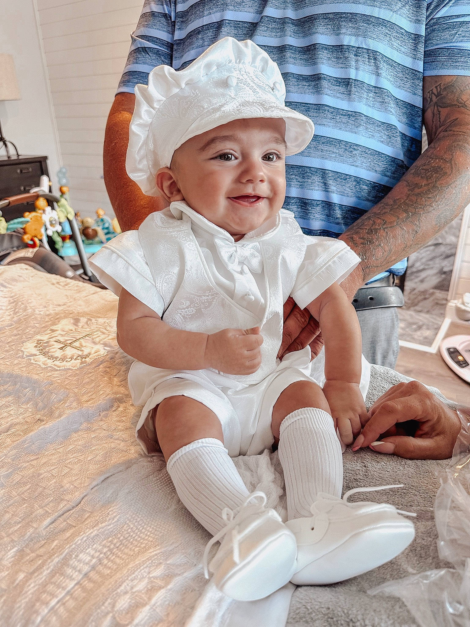Carmine joined the competition — help win amazing prizes! baby, baby_toddler_clothing, cap, chair, child, comfort, foot, fun, headwear, human_body, human_leg, knee, lap, person, pink, shorts, sitting, sleeve, sock, tableware
