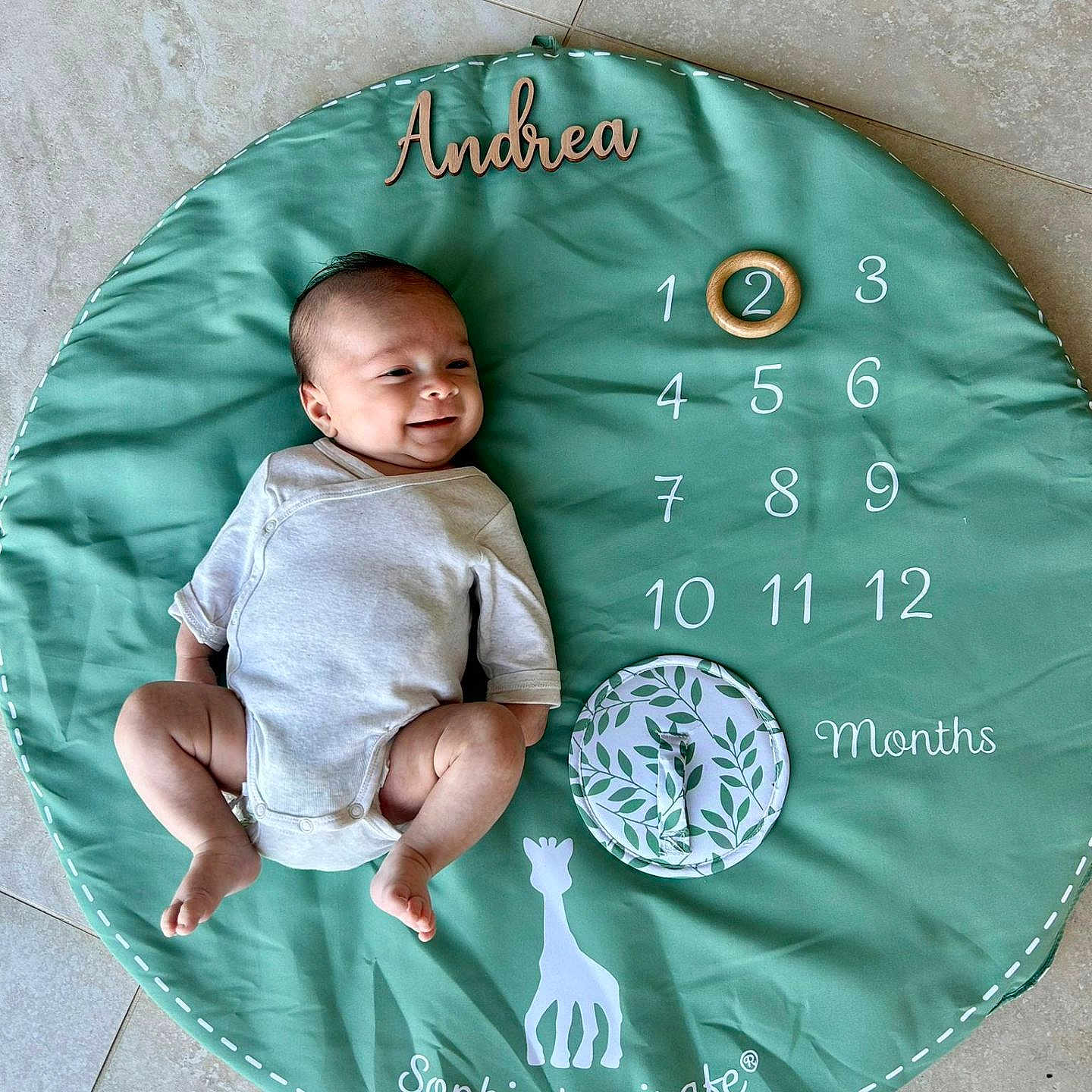 Andrea a rejoint le concours — aidez-le/la à gagner de superbes lots ! baby, infant, milestone_blanket, green_blanket, numbers, giraffe, floor_tile, smiling, clothing, wooden_ring, months, baby_boy, cute, lying_down, child, portrait, indoors, baby_milestone, baby_photo, baby_girl