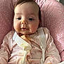 Isabella joined the competition — help win amazing prizes! baby, infant, high_chair, food, messy, face, pink, clothing, straps, seat, cute, child, indoor, portrait, feeding, expression, person, young, small, baby_girl