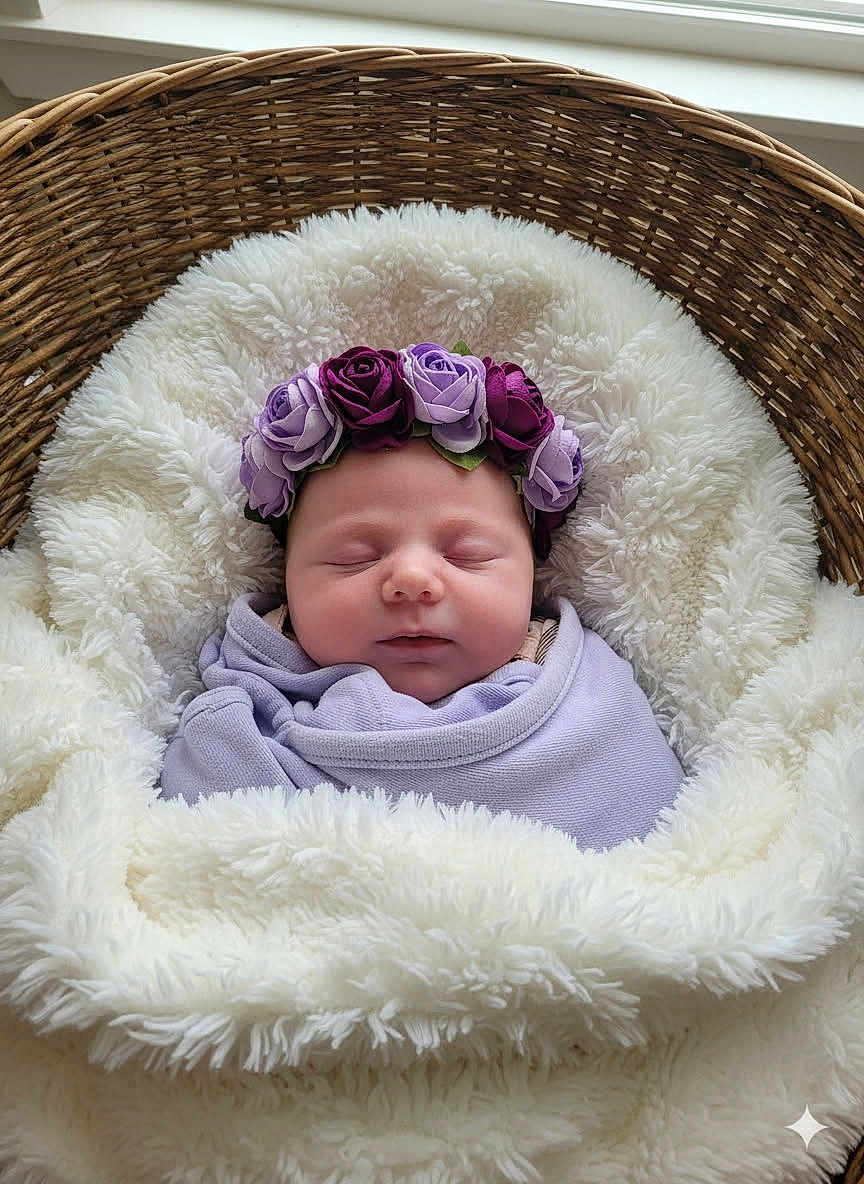 Charlotte joined the competition — help win amazing prizes! baby, newborn, sleeping, flower_crown, purple, blanket, wicker_basket, fluffy, soft, cozy, infant, face, headwear, peaceful, resting, indoors, cute, portrait, child, swaddled
