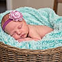 baby, newborn, sleeping, headband, flower, blanket, basket, wicker, soft, cozy, infant, cute, peaceful, resting, indoors, child, portrait, skin, pink, turquoise