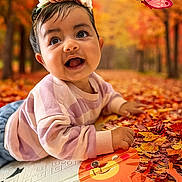 Anaika joined the competition — help win amazing prizes! baby, child, flower_crown, striped_sweater, autumn_leaves, fall, outdoor, playmat, butterfly, smiling, happy, portrait, nature, seasonal, cute, colorful, young_child, playful, background_blur, daylight