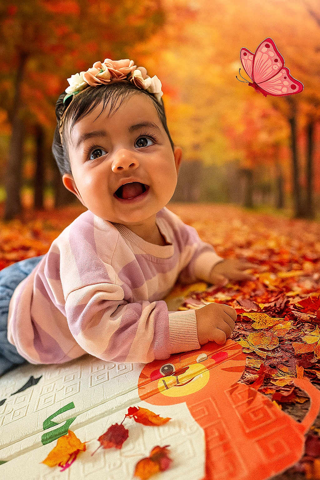 Anaika joined the competition — help win amazing prizes! baby, child, flower_crown, striped_sweater, autumn_leaves, fall, outdoor, playmat, butterfly, smiling, happy, portrait, nature, seasonal, cute, colorful, young_child, playful, background_blur, daylight