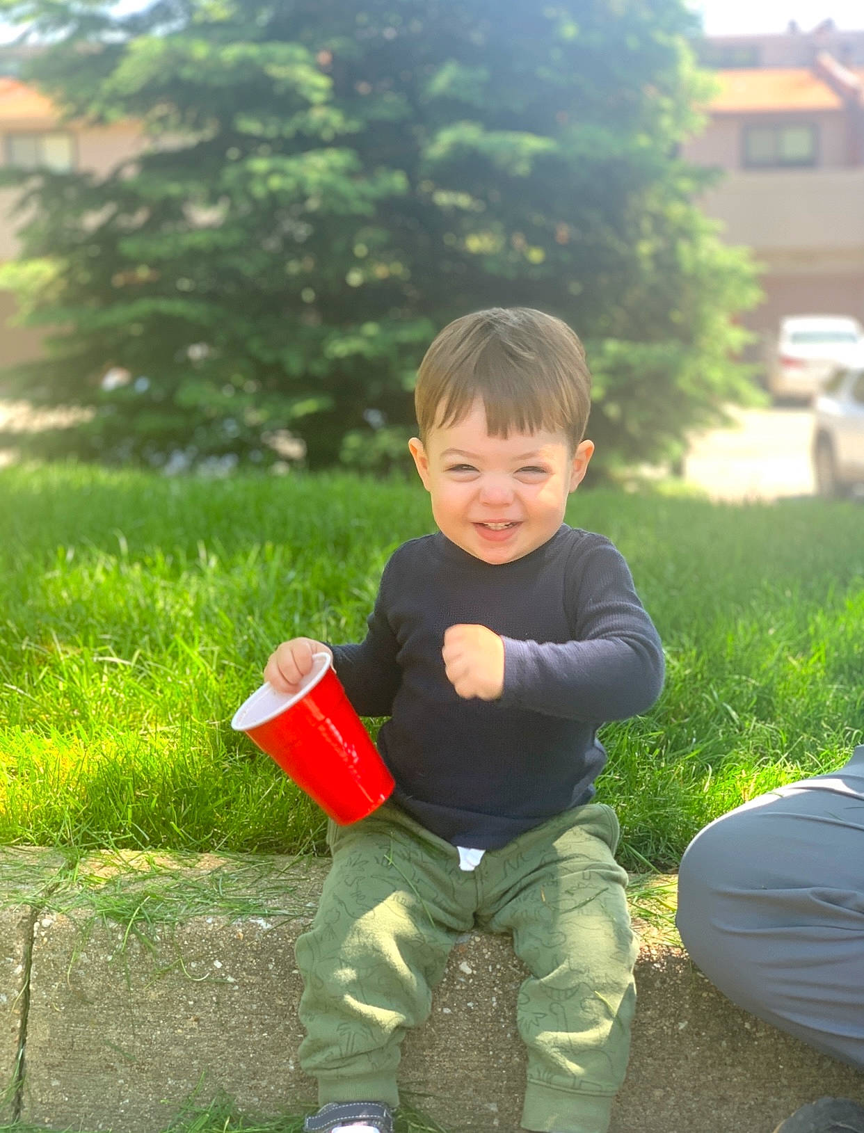 Jake is registered to the contest to win money with this photo: baby_toddler_clothing, ball, child, fun, garden, grass, hand, happy, joy, lawn, leisure, people_in_nature, person, plant, play, recreation, sitting, smile, spring, toddler