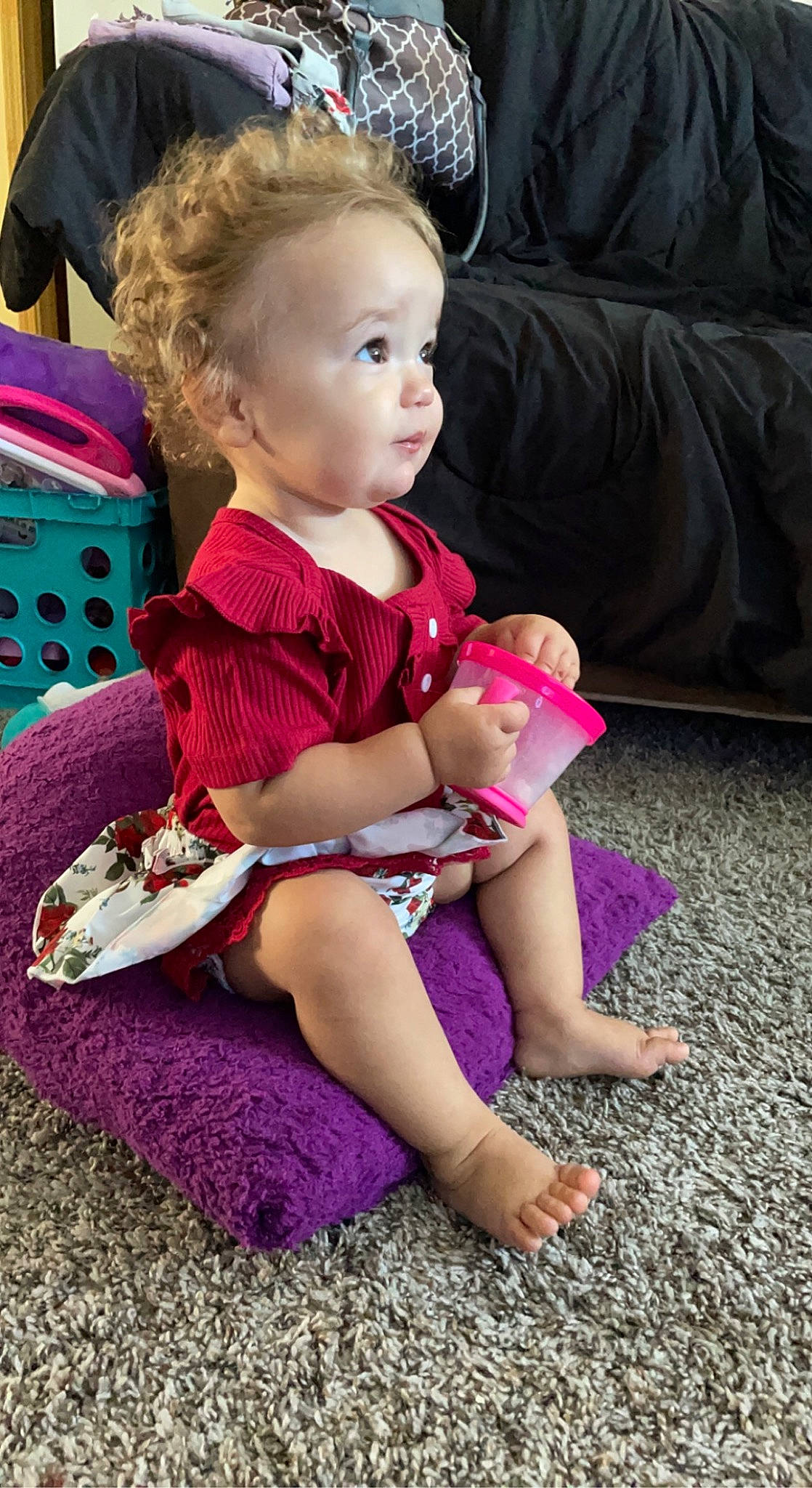 Gabriela joined the competition — help win amazing prizes! baby_toddler_clothing, child, dress, eye, grass, hair, hairstyle, happy, head, human_body, human_leg, iris, lap, leg, magenta, person, pink, purple, skin, thigh