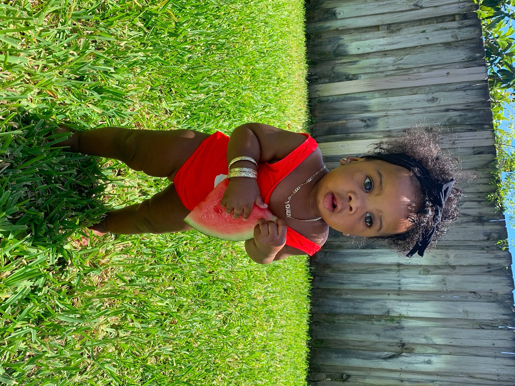 Mckailyn is registered to the contest to win money with this photo: child, fun, garden, grass, groundcover, happy, hat, leisure, people_in_nature, person, plant, smile, t_shirt, toddler, wood